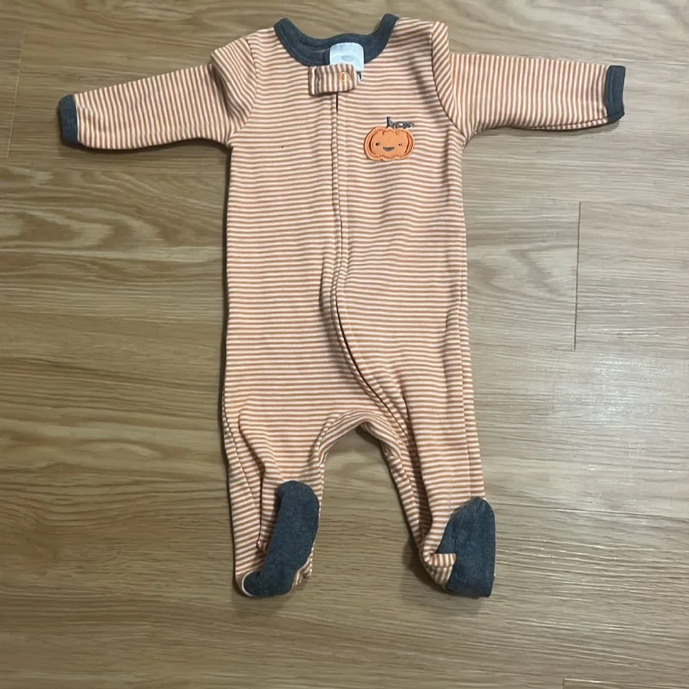 Bon Bebe Striped Orange and Gray Infant One‎ Piece My 1st Halloween w Hat 0-3M